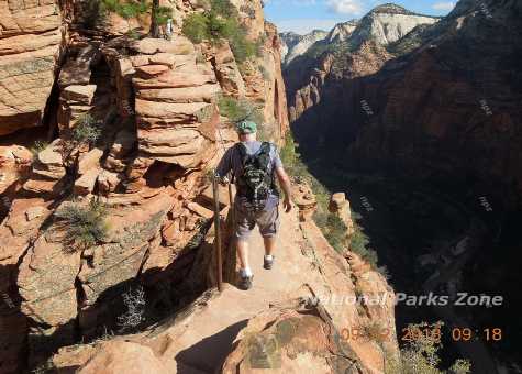 Picture of hiker on ledge holding a chain bolted to the wall of the canyon - Angel's Landing trail